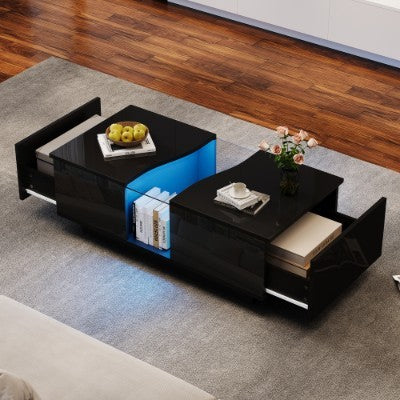 Black LED Coffee Table with 2 Drawers and Storage