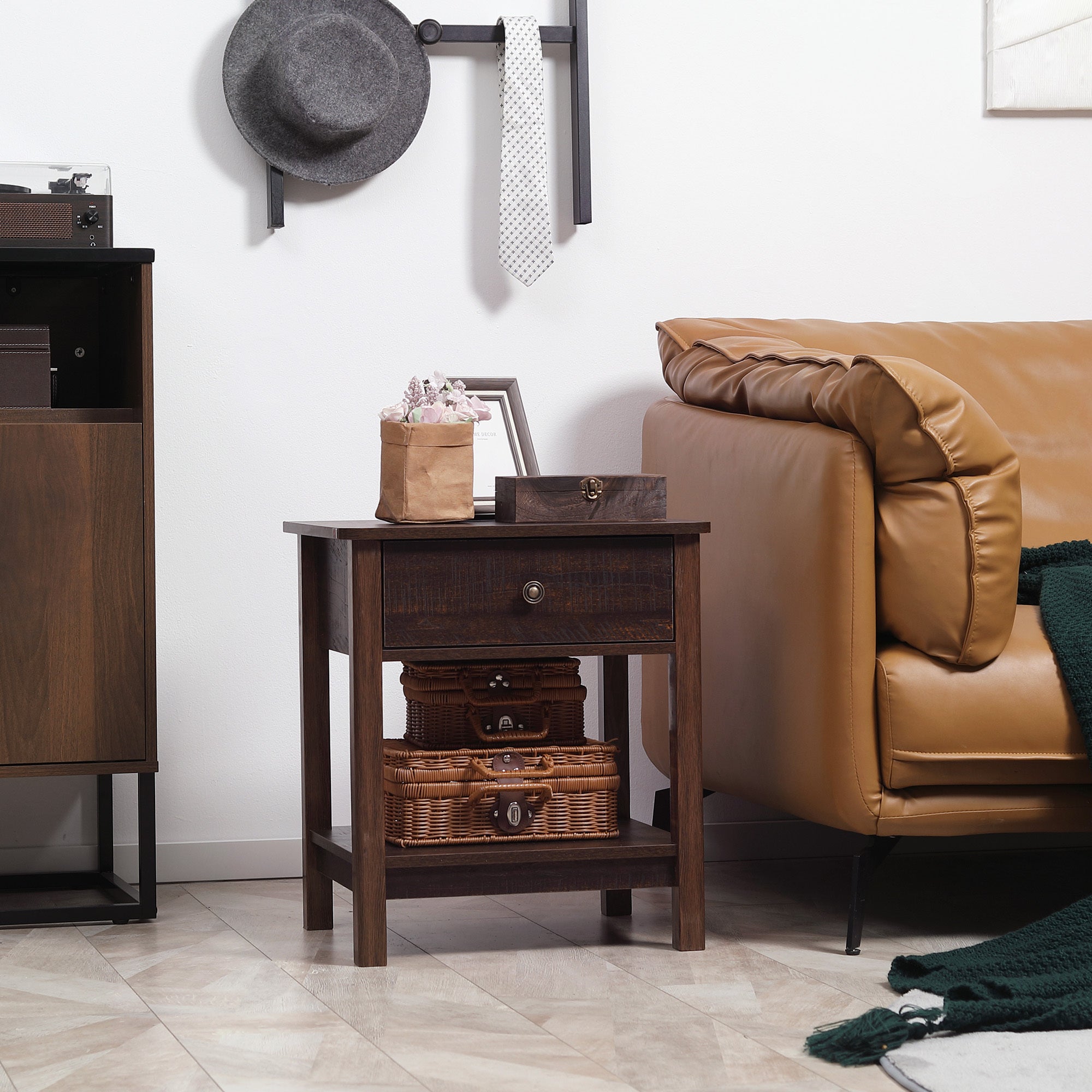 Dark Brown Nightstand with Drawer and Shelves for Bedroom