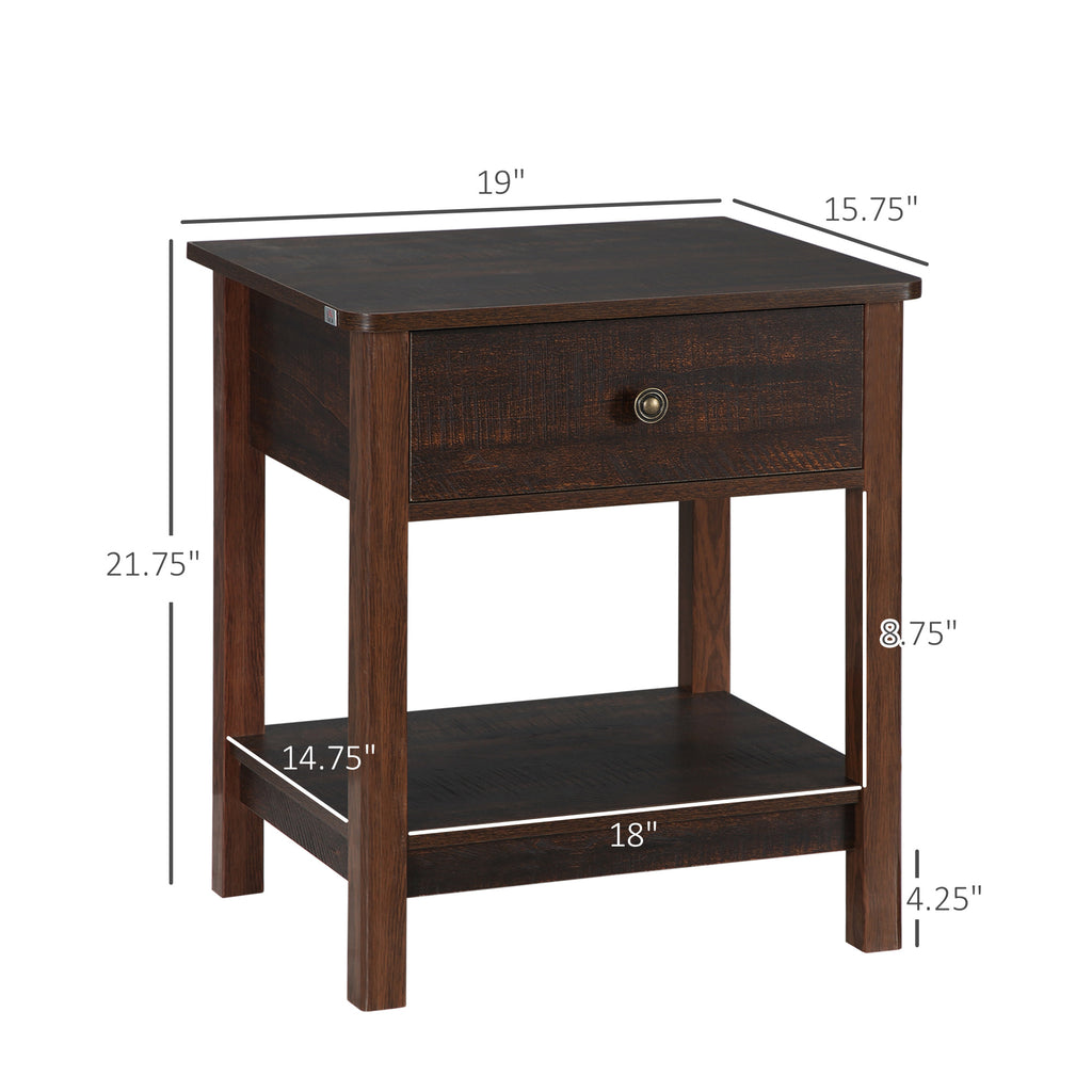 Dark Brown Nightstand with Drawer and Shelves for Bedroom