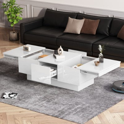 Modern White Wooden Coffee Table with Drawers and Storage