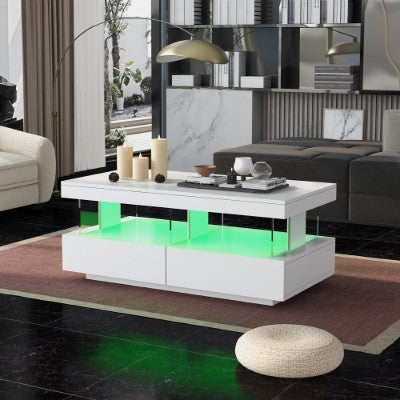 White High-Gloss Coffee Table with LED Lights and Storage