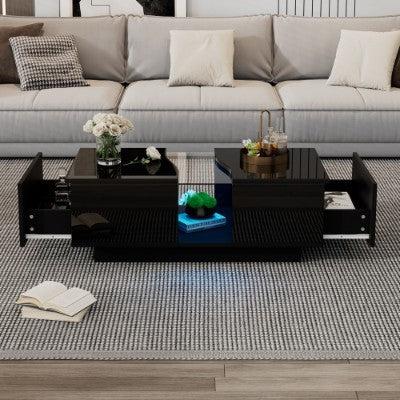Black LED Coffee Table with 2 Drawers and Storage