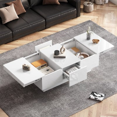 Modern White Wooden Coffee Table with Drawers and Storage