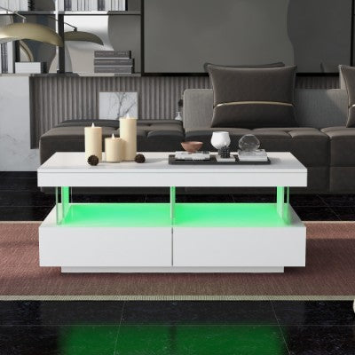 White High-Gloss Coffee Table with LED Lights and Storage