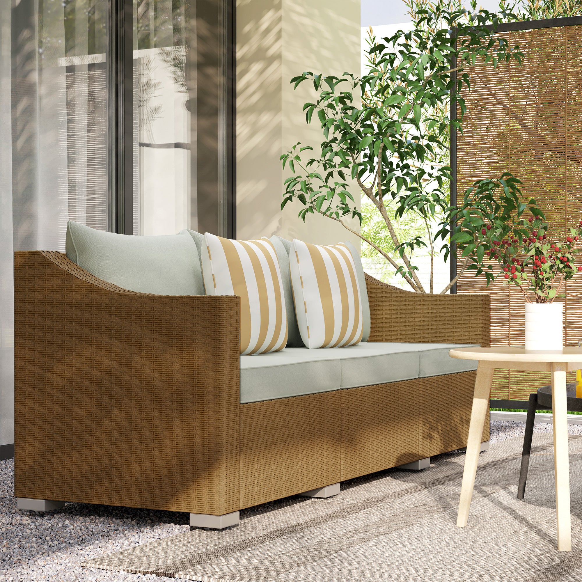 3-Seater Rattan Wicker Patio Sofa with Cushions and Pillows
