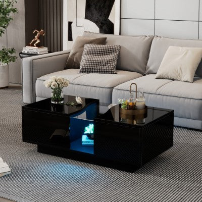 Black LED Coffee Table with 2 Drawers and Storage