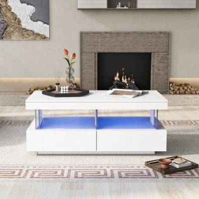 White High-Gloss Coffee Table with LED Lights and Storage