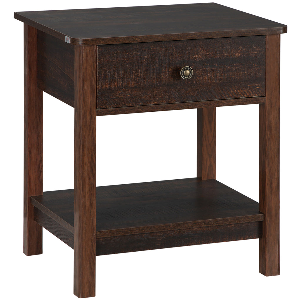 Dark Brown Nightstand with Drawer and Shelves for Bedroom