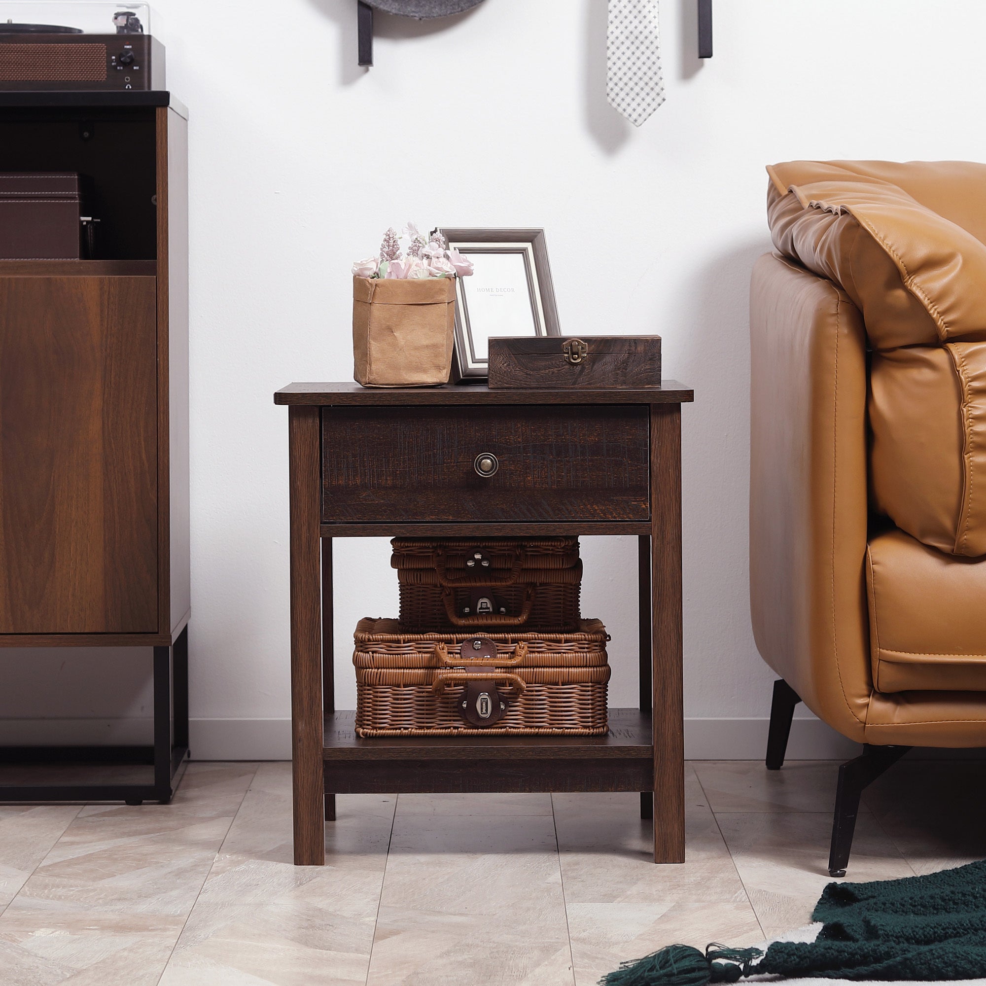 Dark Brown Nightstand with Drawer and Shelves for Bedroom