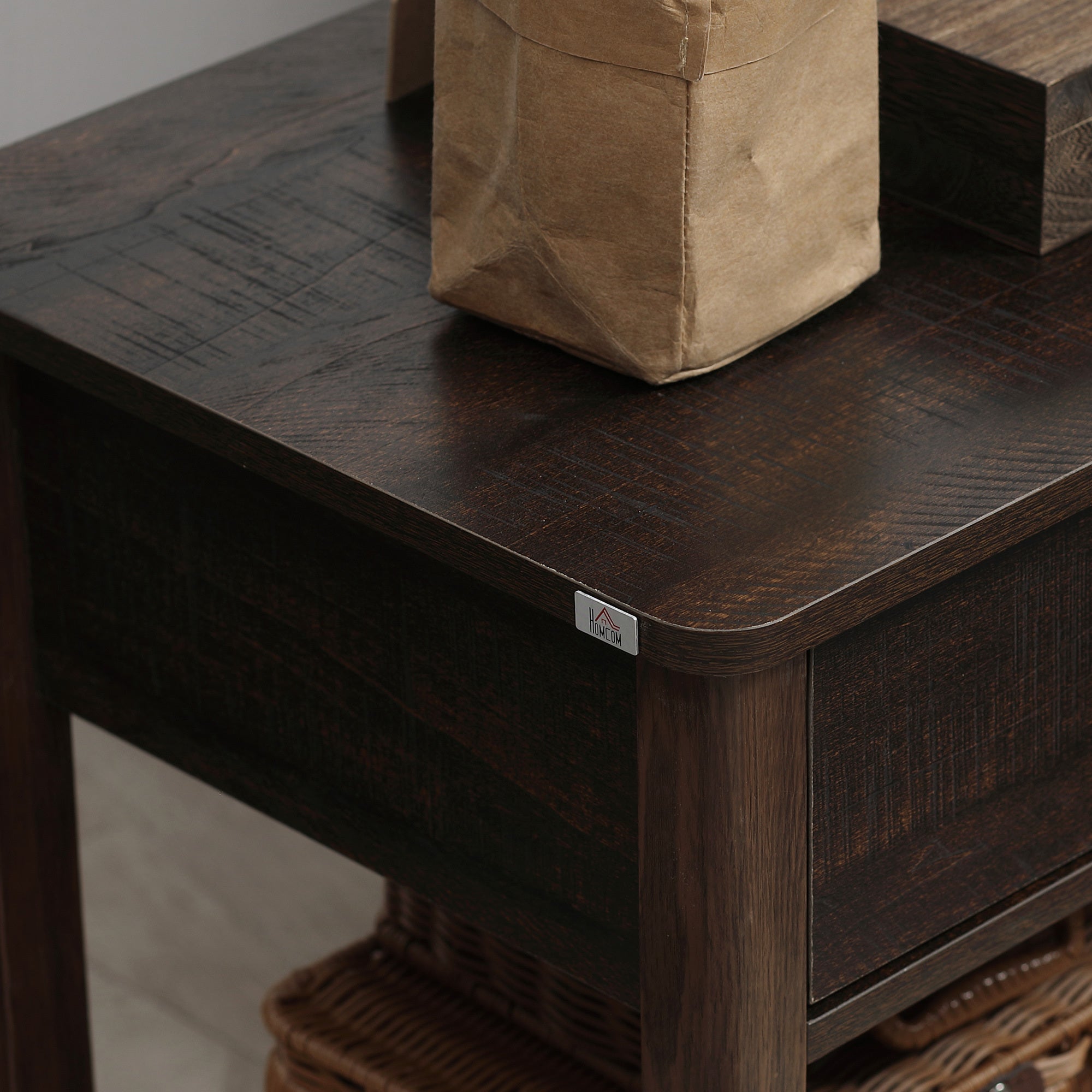 Dark Brown Nightstand with Drawer and Shelves for Bedroom