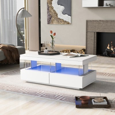White High-Gloss Coffee Table with LED Lights and Storage