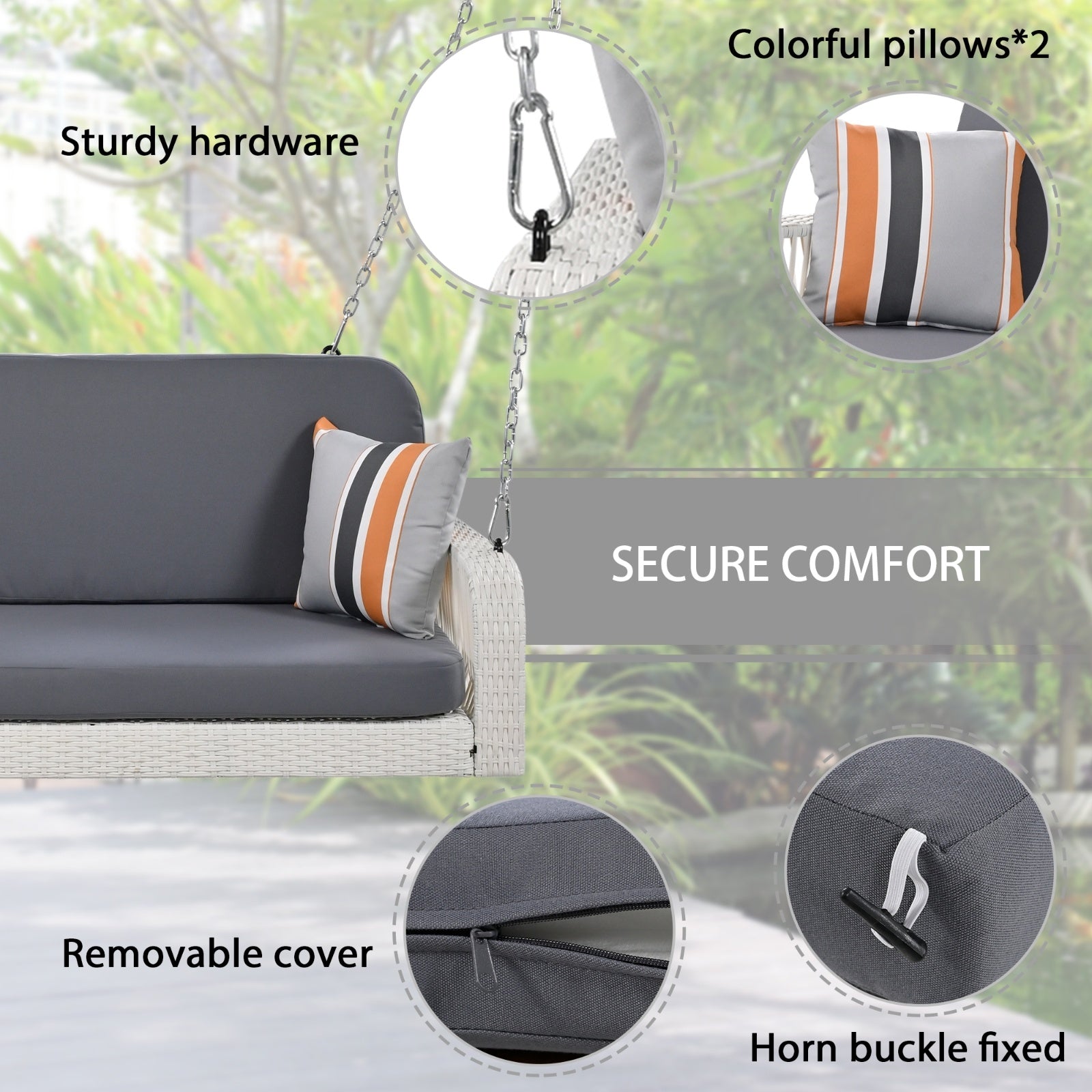 2-Seater PE Wicker Porch Swing with Chains for Patio